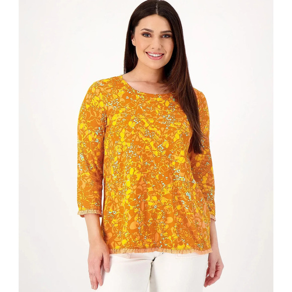 LOGO Lori Goldstein Orange Abstract Print Lace Trim Knit Top Cottage Fall Large - Picture 1 of 10